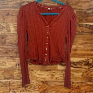 Pilcro Rust-Red Button Front Long Sleeve Top